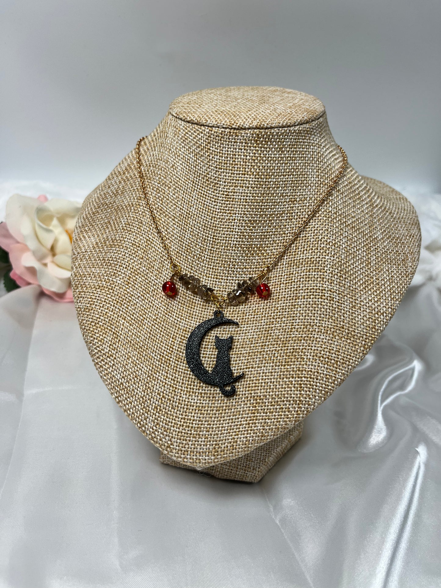 Kette Mond Katze Rauchquarz Rot